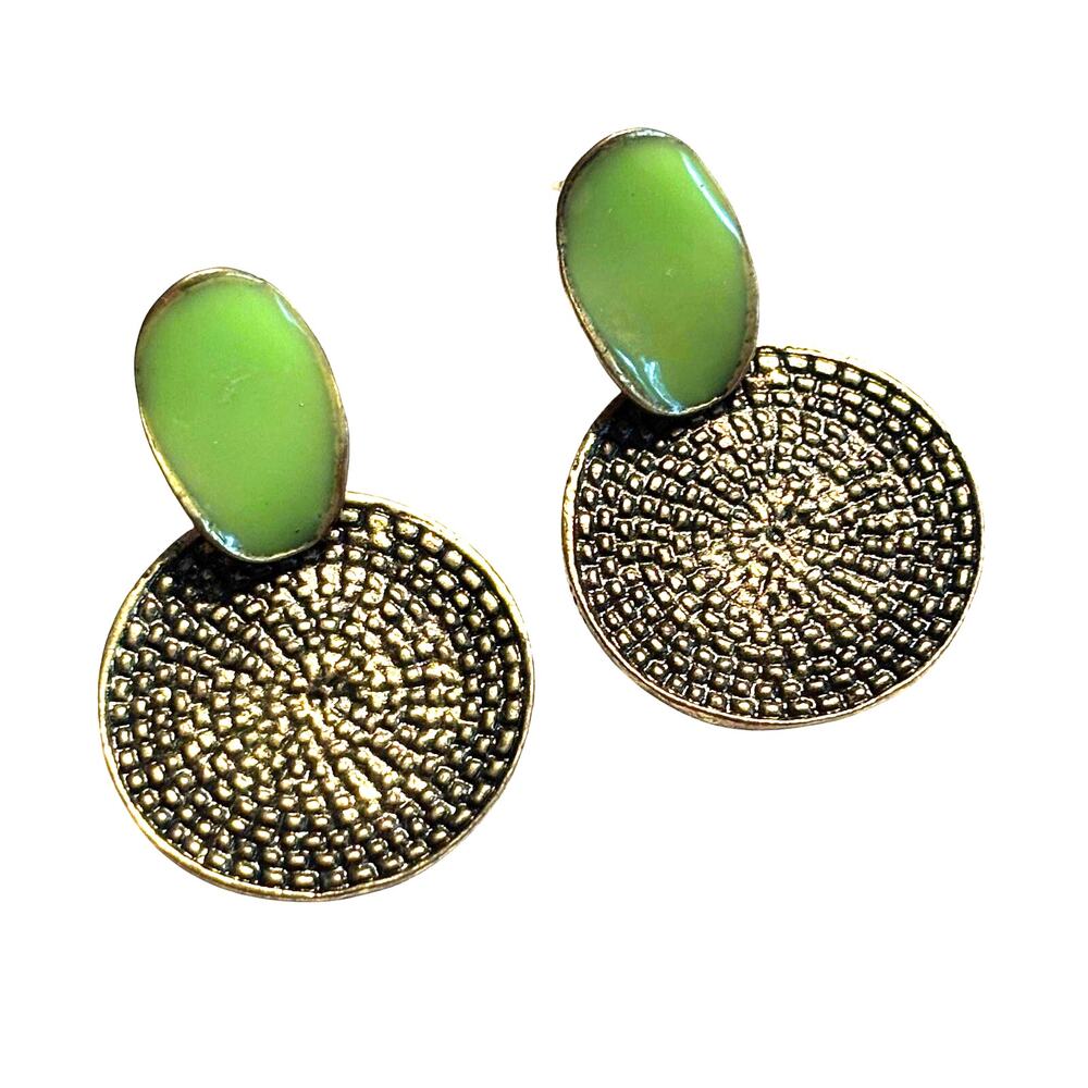 Pierced earrings coiled coin shape drops green enamel stone antiqued brassy gold